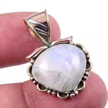 Natural Rainbow Moonstone Gemstone 925 Solid Silver Two Tone Pendant 1.25 j6H44