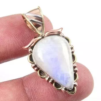Natural Rainbow Moonstone Gemstone 925 Solid Silver Two Tone Pendant 1.50 c6f29