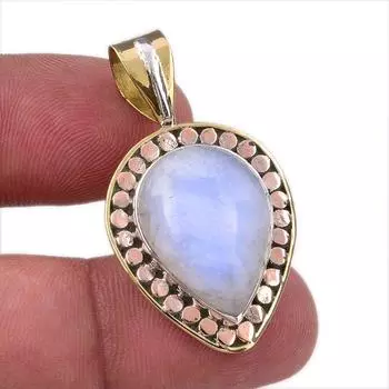 Natural Rainbow Moonstone Gemstone 925 Solid Silver Two Tone Pendant 1.50 O7I50