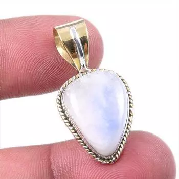 Natural Rainbow Moonstone Gemstone 925 Solid Silver Two Tone Pendant 1.25 A7v71