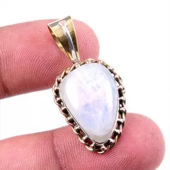 Natural Rainbow Moonstone Gemstone 925 Solid Silver Two Tone Pendant 1.5 n5w63