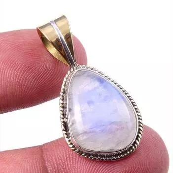 Natural Rainbow Moonstone Gemstone 925 Solid Silver Two Tone Pendant 1.25 P8J87