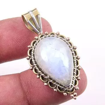 Natural Rainbow Moonstone Gemstone 925 Solid Silver Two Tone Pendant 1.50 w2h50