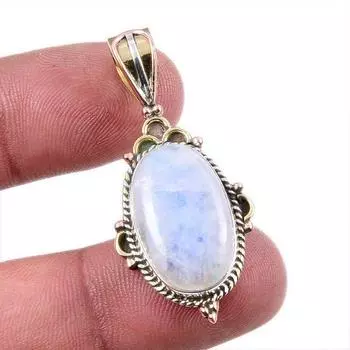 Natural Rainbow Moonstone Gemstone 925 Solid Silver Two Tone Pendant 1.75 o0I17