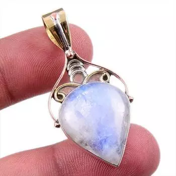 Natural Rainbow Moonstone Gemstone 925 Solid Silver Two Tone Pendant 1.5 D2Z14