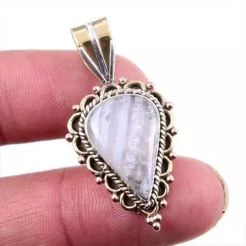 Natural Rainbow Moonstone Gemstone 925 Solid Silver Two Tone Pendant 1.5 q3G22