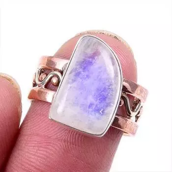 Natural Rainbow Moonstone Gemstone 925 Solid Silver Two Tone Ring Size 7US Q4a64