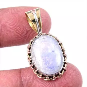 Natural Rainbow Moonstone Gemstone 925 Solid Silver Two Tone Pendant 1.25 K5g10