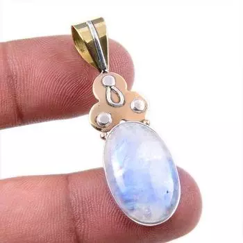 Natural Rainbow Moonstone Gemstone 925 Solid Silver Two Tone Pendant 1.75 e5n35