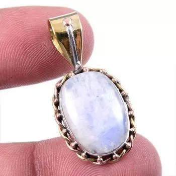 Natural Rainbow Moonstone Gemstone 925 Solid Silver Two Tone Pendant 1.25 Z7y88