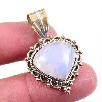 Natural Rainbow Moonstone Gemstone 925 Solid Silver Two Tone Pendant 1.5 D9U87