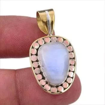 Natural Rainbow Moonstone Gemstone 925 Solid Silver Two Tone Pendant 1.50 V2p08