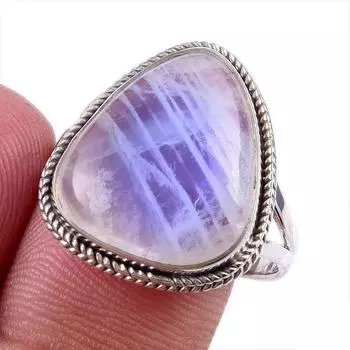 Natural Rainbow Moonstone Gemstone 925 Solid Sterling Silver Ring Size 10 s8Y28
