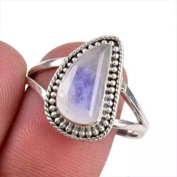 Natural Rainbow Moonstone Gemstone 925 Solid Sterling Silver Ring Size 10 d7v02
