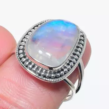 Natural Rainbow Moonstone Gemstone 925 Solid Sterling Silver Gift Ring S.7 v9j37