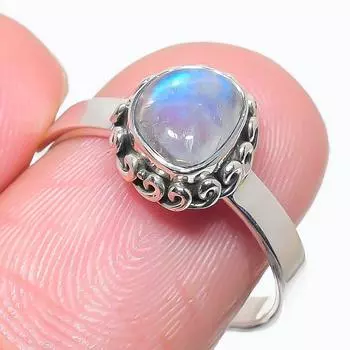 Natural Rainbow Moonstone Gemstone 925 Solid Sterling Silver Gift Ring S.8 L1e86