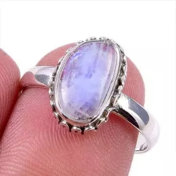 Natural Rainbow Moonstone Gemstone 925 Solid Sterling Silver Ring Size 8 k6r65