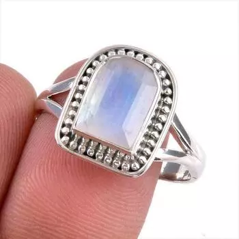 Natural Rainbow Moonstone Gemstone 925 Solid Sterling Silver Ring Size 10 I7Y01