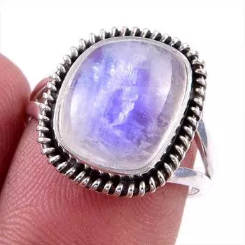 Natural Rainbow Moonstone Gemstone 925 Solid Sterling Silver Ring Size 7 v1Y51