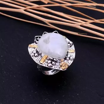 Натуральный радужный лунный камень, двухцветное кольцо из стерлингового серебра 925 пробы, размер 9 J7c26