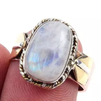 Natural Rainbow Moonstone Gemstone 925 Sterling Silver Two Tone Ring Size 7 I6s71