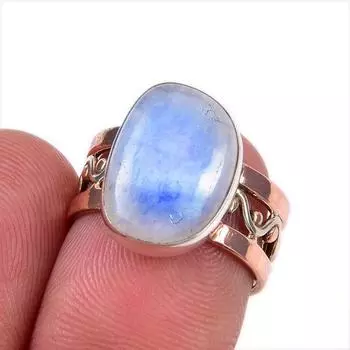 Natural Rainbow Moonstone Gemstone 925 Sterling Silver Two Tone Ring S.5.5 o9b77