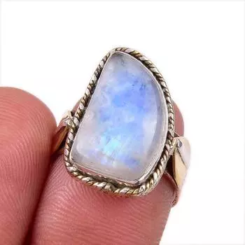 Natural Rainbow Moonstone Gemstone 925 Sterling Silver Two Tone Ring S.6.5 r5l84