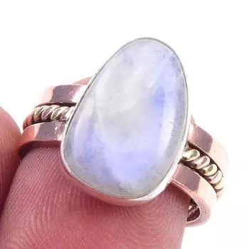Natural Rainbow Moonstone Gemstone 925 Sterling Silver Two Tone Ring S.6.5 M2P34