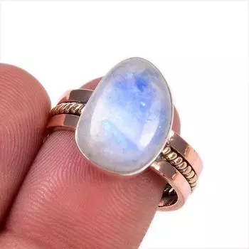 Natural Rainbow Moonstone Gemstone 925 Sterling Silver Two Tone Ring Size 8 g6w61