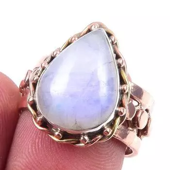 Natural Rainbow Moonstone Gemstone 925 Sterling Silver Two Tone Ring Size 7 q9g23