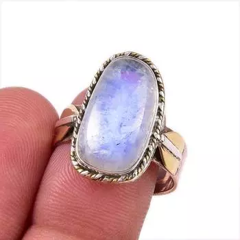 Natural Rainbow Moonstone Gemstone 925 Sterling Silver Two Tone Ring Size 9 R5S81