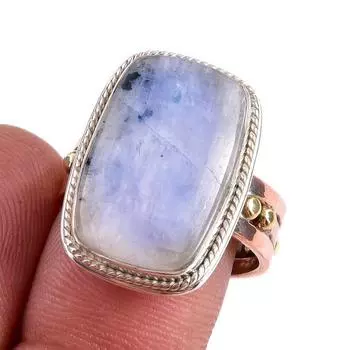 Natural Rainbow Moonstone Gemstone 925 Sterling Silver Two Tone Ring Size 8 R7a06