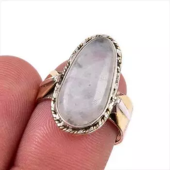 Natural Rainbow Moonstone Gemstone 925 Sterling Silver Two Tone Ring S.6.5 K8L66