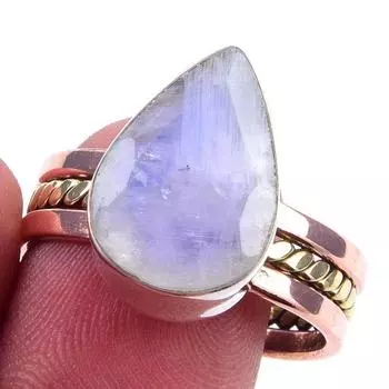 Natural Rainbow Moonstone Gemstone 925 Sterling Silver Two Tone Ring S.10.5 b1u15