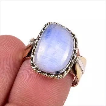 Natural Rainbow Moonstone Gemstone 925 Sterling Silver Two Tone Ring Size 7 r4u17