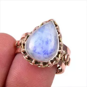 Natural Rainbow Moonstone Gemstone 925 Sterling Silver Two Tone Ring Size 8 n5f14