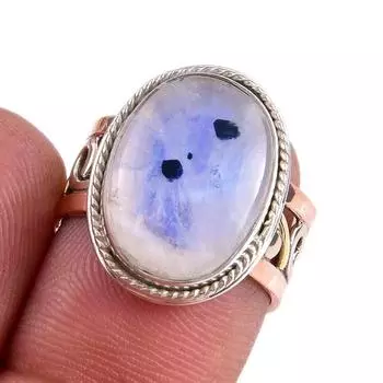Natural Rainbow Moonstone Gemstone 925 Sterling Silver Two Tone Ring Size 6 W2v91