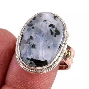 Natural Rainbow Moonstone Gemstone 925 Sterling Silver Two Tone Ring S.8.5 c8A75