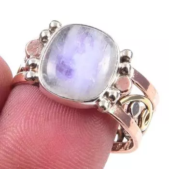 Natural Rainbow Moonstone Gemstone 925 Sterling Silver Two Tone Ring Size 9 u0f44