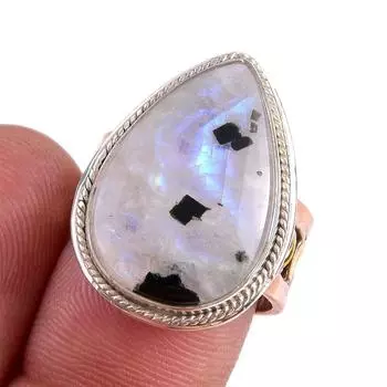 Natural Rainbow Moonstone Gemstone 925 Sterling Silver Two Tone Ring Size 7 A2M94