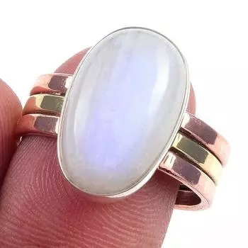 Natural Rainbow Moonstone Gemstone 925 Sterling Silver Two Tone Ring S.8.5 D3Q13