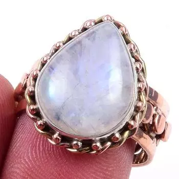 Natural Rainbow Moonstone Gemstone 925 Sterling Silver Two Tone Ring Size 8 M6E39