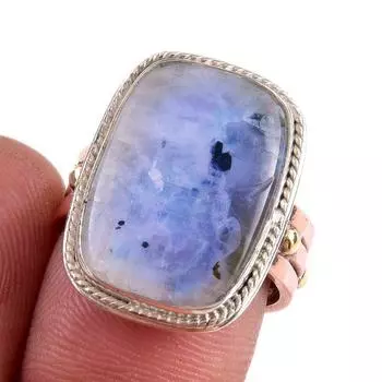 Natural Rainbow Moonstone Gemstone 925 Sterling Silver Two Tone Ring Size 7 z9y58