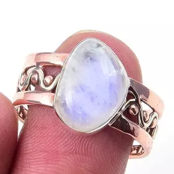 Natural Rainbow Moonstone Gemstone 925 Sterling Silver Two Tone Ring S.10 Y3g58