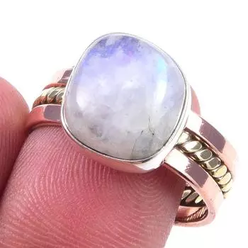 Natural Rainbow Moonstone Gemstone 925 Sterling Silver Two Tone Ring S.9.5 d2H37