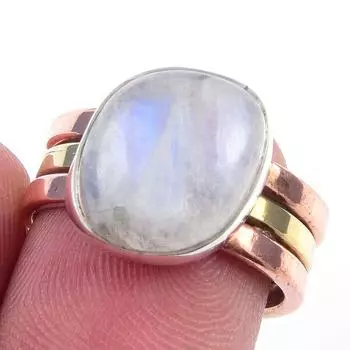 Natural Rainbow Moonstone Gemstone 925 Sterling Silver Two Tone Ring Size 6 M3T54