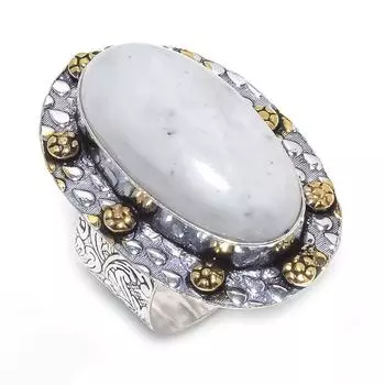 Natural Rainbow Moonstone Gemstone 925 Sterling Silver Two Tone Ring S.10 n4g03