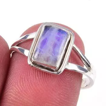 Natural Rainbow Moonstone Gemstone Handmade 925 Solid Silver Ring Size 8 T5I09