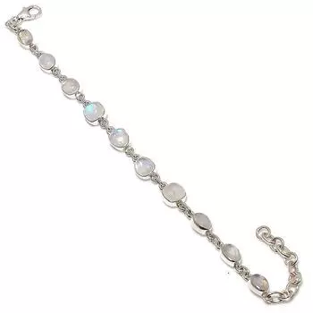 Natural Rainbow Moonstone Gemstone Handmade 925 Solid Silver Bracelet 7-8 y8E17