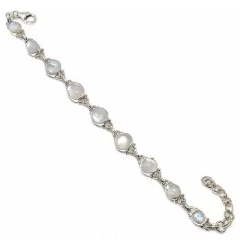 Natural Rainbow Moonstone Gemstone Handmade 925 Solid Silver Bracelet 7-8 u0F09
